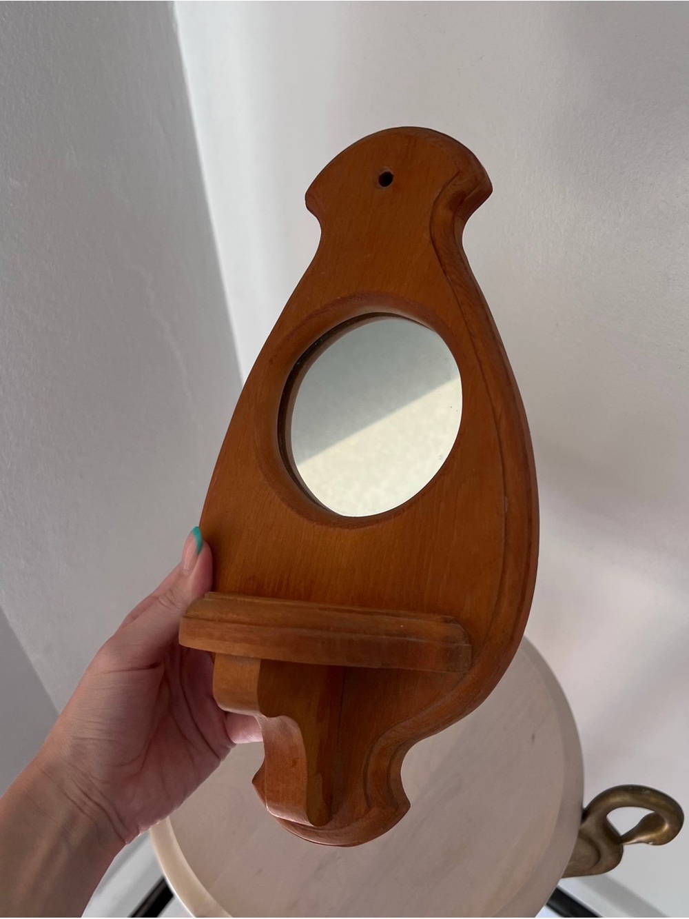 Rustic Wooden Bird-Shaped Wall Mirror Shelf in Brown
